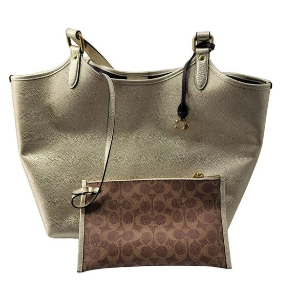 Coach Gold Metallic Leather Tote Bag Purse Wallet Logo Pouch - Picture 3 of 14